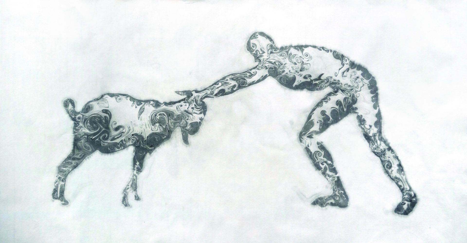 Wrestling 水墨、宣纸 Ink on Xuan Paper, 126×66cm, 2019