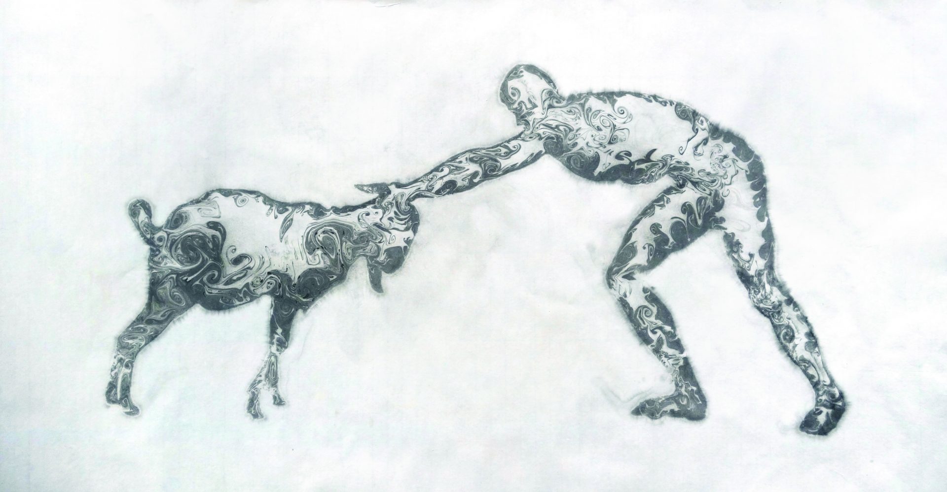 Wrestling 水墨、宣纸 Ink on Xuan Paper,  126×66cm, 2019