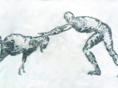 Wrestling 水墨、宣纸 Ink on Xuan Paper,  126×66cm, 2019
