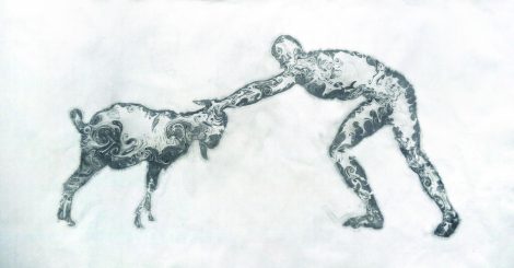 Wrestling 水墨、宣纸 Ink on Xuan Paper, 126×66cm, 2019